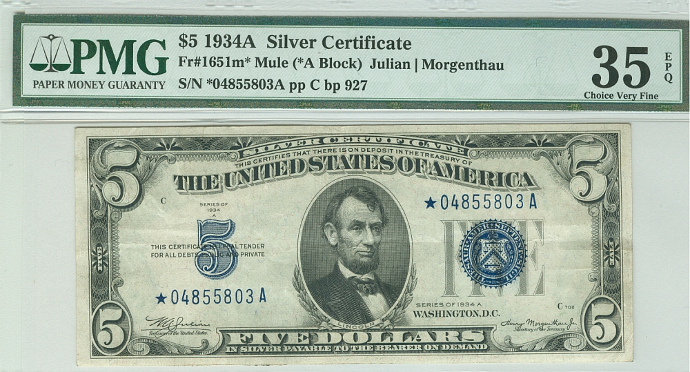 Fr.1651m*, 1934A $5 Star (Mule) Silver Certificate, *04855803A, Ch.VF, PMG35-EPQ